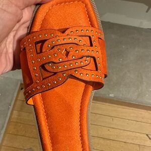AKIRA Orange Studded Slide Sandals